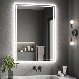 Zurehome Badspiegel mit Beleuchtung 50x70cm LED Badezimmer Spiegel | Bad Spiegel mit Beschlagfrei,3 Lichtfarben Dimmbar,Touch Schalter,IP44, bruchsicherem Glas,Beleuchtet Wandspiegel Ohne Rahmen