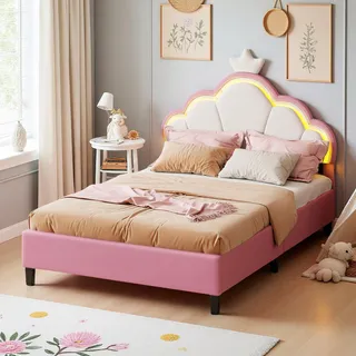 DULRLLY Kinderbett 140x200, Bett Mädchen mit Verstellbares Kopfteil und LED-Beleuchtung, Prinzessin Bett für Kinder, Kronen-Einzelbett Polsterbett Bettgestell für Mädchen, Ohne Matratze - Rosa