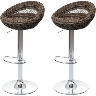 Mendler 2er-Set Barhocker höhenverstellbar drehbar In-/Outdoor Poly-Rattan verchromt Braun