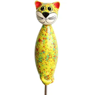 Gartenfigur Katze aus Keramik 30 cm Dekofigur getöpferte Gartendeko gelb