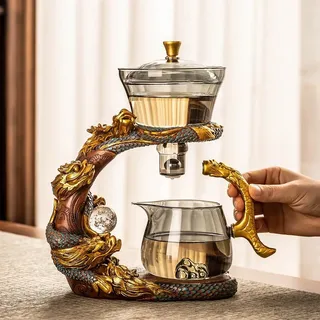 YoeEoay Teeservice Glas Teekanne Mit Magnet, Drachen Design Lazy Kungfu Glasteeservice Halbautomatisches Teeset, Geeignet Für Teeliebhaber, Jungen Und Mädchen Chinesisches Teeservice Set (Gold)