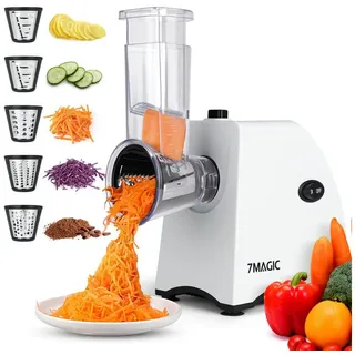 KNKA PRO Gemüseschneider Elektrischer Gemüsehobel, Obst- und Gemüsereibe, Multifunktionsreibe, 250 W, 5 Edelstahleinsätze, abnehmbar, leicht zu reinigen, für Obst & Gemüse