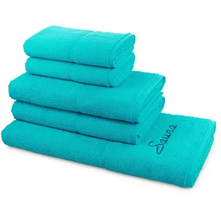 frottana Pearl Handtuch-Set, 2 Handtücher 50 x 100 cm & 2 Duschtücher 67 x 140 cm & 1 Saunatuch (Bestickt) 80 x 200 cm aus 100% Baumwolle, Ocean