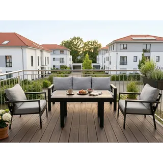 MeXo Gartenlounge-Set Aluminium 5-6 Personen, (Wetterfestes Gartenmöbel Set, mit Dicken Kissen & Großem Esstisch, 4-tlg., Belastbarkeit pro Sitzplatz 140kg), Gemütliche Sitzgruppe für Terrasse, Balkon & Garten grau