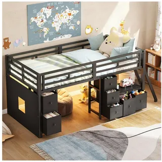 STILVORA Hochbett 90×200 mit Stauraum Funktionbett Bettgestell, ohne Matratze (Halbhochbett, Stoffschubladen, Regal, Spielvorhang, LED-Lichtleiste, Fernbedienung, 7 Farben, robust, praktisch) Für Kinderzimmer, kleine Räume und Spielecken