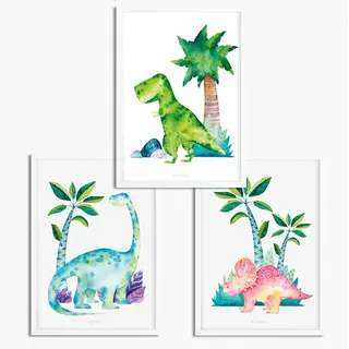 Sunnywall® 3er Set Poster Kinderzimmer - A4 Bilder Babyzimmer Kinderposter | OHNE Bilderrahmen | - Deko Junge | Dinosaurier Dino T-Rex Brachiosaurus Triceratops