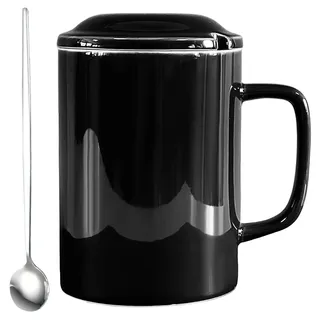 NIUKOMY Jumbo Kaffeetasse 1000ML, Extra Große Keramik Kaffeebecher, Große kaffeetasse XXL, Big Mug 1 Liter mit Deckel und Löffel für Büro und Zuhause, Schwarz