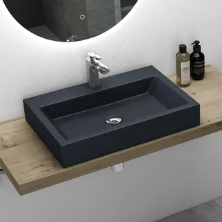 Mai & Mai Waschbecken 60x42x10cm aus Mineralguss matt Anthrazit | Aufsatzwaschbecken Hängewaschbecken Waschschale 1 Armaturenloch Bad Eckig Colossum06