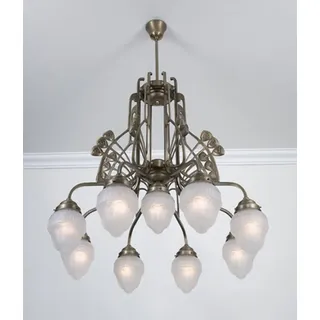 Licht-Erlebnisse Pendelleuchte D288, ohne Leuchtmittel, Messing Glas E27 H: max. 136 cm in Berliner Weiß matt Jugendstil bunt