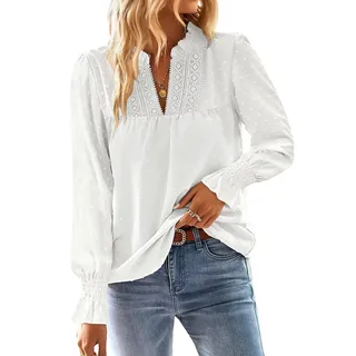 TUUHAW Langarmshirt Damen Boho Bluse Elegant Top Oberteile V-Ausschnitt | Fließend Elegant, T Shirt Süß, Lässig Outfits, Frühling Winter Herbst, Longshirt Spitze Kleidung, Paspel Volant - XXL