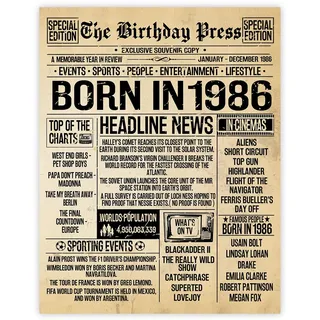 Stuff4 Poster zum 39. Geburtstag, ungerahmt – Born in 1986 Vintage Zeitung – Happy 39th Birthday Gifts for Women Men Retro Back in 1986, 20,3 x 25,4 cm, Thirty-Nine Thirty-Ninth Decor Decoration Bday
