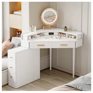 BBWL Schminktisch Eck Schminktisch mit LED Spiegel weiß, drehbar & dimmbar, 5 Schubladen, USB & USB-C, platzsparend 105,5 cm weiß