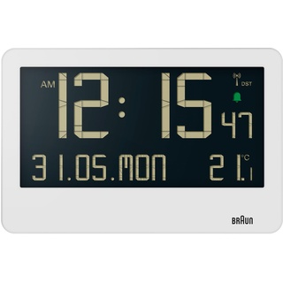 Braun Central European Time Zone (DCF) Digitale Funkwanduhr mit Innentemperatur, Datum, Wochentag, großem umgekehrtem LCD-Display, Crescendo-Piepton-Alarm in Weiß, Modell BC14W-DCF.