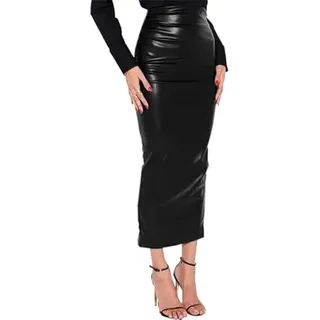 Street High Waist Skinny PU Leather Midi Skirt Elegant Slim Office Lady Pencil Skirt Womens Matte Leather Hobble Skirt