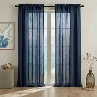 Marineblaue Vorhänge, 213 cm lang, Wohnzimmer, 2 Paneele mit Stangentasche, Leinenvorhänge, lichtdurchlässig, halbtransparent, Fensterdekoration, dunkelblau, Schlafzimmer, Landhausstil, 52 x 213 cm