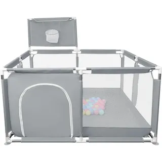 Laufstall Baby,Laufstall baby faltbar für Babys mit weichem,Baby Laufstalls mit Reißverschlusstür,Kinder laufgitter,inklusive 50 Bällen,4 X Zugringen,Leicht zu Reinigen (126x126x66cm Dunkelgrau)