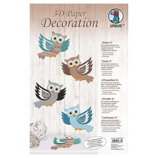Ursus 21900099 - 3D Paper Dekoration Eulen, blau/beige, Material für 24 Eulen, ca. 10 x 10 cm, 3 lagig, inklusive Bastelanleitung, ideal zum Dekorieren von Karten, Scrapbooking und Geschenken