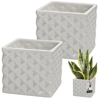KOTARBAU® 2er Set Blumentopf Keramik glasiert Quadratisch Weiß 14 x 14 cm H 13 cm Übertöpfe für Zimmerpflanzen Orchideen & Sukkulenten Topf Pflanzen Töpfe Blumen Übertopf Blumentopf viereckig