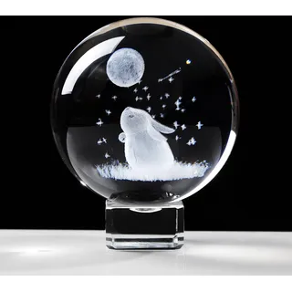 Kristallkugel mit Gravur, 3D-Hasen- und Mond-Ornament, Glas-Hasen-Figur, Sammlerstück, Briefbeschwerer, Kaninchengeschenke für Kaninchenliebhaber zum Geburtstag oder Weihnachten, 6 cm
