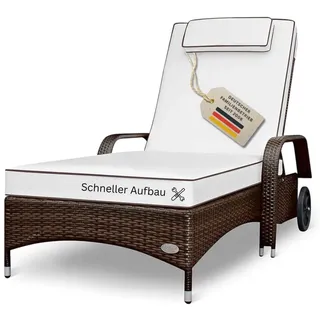 RS Trade Sonnenliege Gartenliege Wetterfest Rattan – XXL Relaxliege extra breit mit Rollen & Armlehnen, Verstellbar, bis 200kg, Outdoor Liege für Garten, Terrasse & Balkon, braun mit weißer Auflage