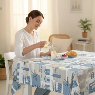ECOMMERC3 Wachstuchtischdecke abwaschbar rechteckig 260x140 Seestern Blau | Für den großen Esstisch, maritimes Dessin, wasserdicht, abwischbar mit feuchtem Tuch, aus Spanien