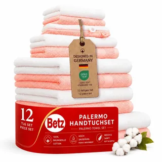 Betz 12-TLG. Handtuch-Set Palermo 100% Baumwolle 2 Liegetücher 4 Handtücher 2 Gästetücher 2 Seiftücher 2 Waschhandschuhe Farbe apricot und weiß