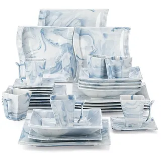 MALACASA Geschirr-Set Tafelservice FLORA für 6/4 Personen Marmor Geschirrset (30-tlg), 6 Personen, Porzellan blau