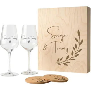 Weinglas Set Paar personalisiert mit Namen Gravur – 2 Weingläser + Holzbox + 2 Untersetzer – Hochzeitsgeschenk Jahrestag Verlobung (Weinglas Set Paar personalisiert Blätter)