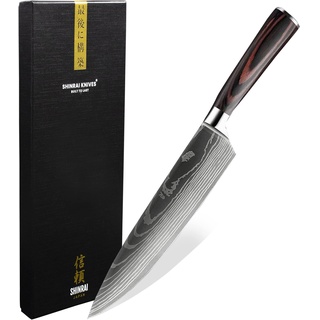 Shinrai Japan Japanisches Kochmesser 20 cm - Messer mit Damaskusmuster - Küchenmesser Mit Luxus-Geschenkbox