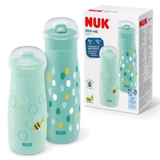 NUK Mini-Me Cup Set für Kleinkinder | Sip & Flip-Aufsätze | 9-12+ Monate | 300 ml & 500 ml | Trinkflaschen für Kinder | Auslaufsichere, beißfeste Tülle & Trinkhalm | Bruchsicher | Mint Dots & Bee