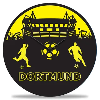 GRAVURZEILE Wanduhr aus Holz Vereinsliebe Dortmund - 100% Lautlos kein Ticken absolut geräuschlos - 30 cm Ø - Design Wanduhren für Wohnzimmer Schlafzimmer & Küche Farbe Dortmund V1