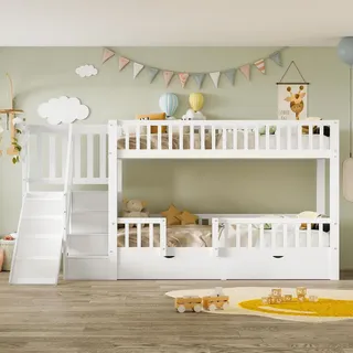 Flieks Etagenbett 90x200cm mit Rutsche, Kinderbett mit Rausfallschutz und Lattenrost, Hochbett mit Treppe für 2 Kinder, Einzelbett Stockbett, Weiß - Weiß