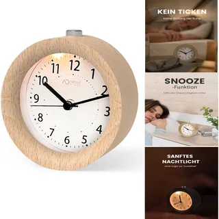 Holzwecker Analog ohne Ticken Snooze Nachtlicht 1AA Batterie Naturholz
