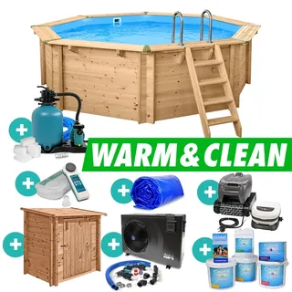 Holzpool Rund Komplettset Massivholz Pool Wärmepumpe Poolroboter UV-C Filter