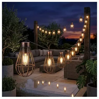 NOWA LED Solarleuchte, LED-Leuchtmittel fest verbaut, Warmweiß, Solar Lichterkette Außenleuchte 30x LED Laternen Retro Gartendeko braun