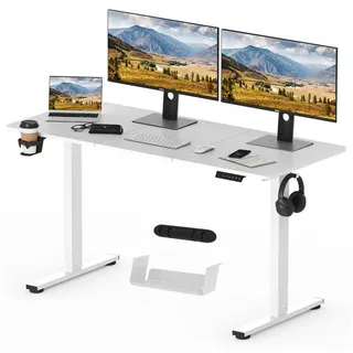 SANODESK Schreibtisch Elektrisch höhenverstellbarer Schreibtisch, Sitz-Steh-Tisch (Anti-Kollisionssystem, Ergonomischer Steh-Sitz Tisch mit Memory-Funktion, MAX.Load 100kg), mit Getränkehalter, Box, Haken & Kabelmanager, 120/140/160 *60 cm weiß 140 cm x 60 cm