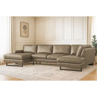 Wohnlandschaft HOME AFFAIRE "Pinto, 350 cm, U-Form, XXL, mit Ottomanen", grau (taupe), B:350cm H:85cm T:206cm, Luxus-Microfaser in Lederoptik (100% Polyester);Cord (92% Polyester, 8% Polyamide), Sofas, Wohnlandschaft, Cord, Chenille, Lederoptik, mit Keder, Metallfüße, Wellenunterfederung