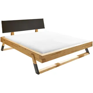 SchlafKONTOR Lobia Massivholzbett, gepolstertes Kopfteil, 180x200 cm Doppelbett in Fichte Massiv/Kopfteil gepolstert - Schwarz