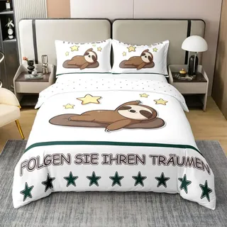 Loussiesd Faultier 100% Baumwolle Bettwäsche Set 135x200cm Nettes Faultier Bettbezug Set Cartoon Tier Druck Kawaii Betten Set Natürliches Thema Betten für Kinder Jungen Mädchen Bettwäsche-Set