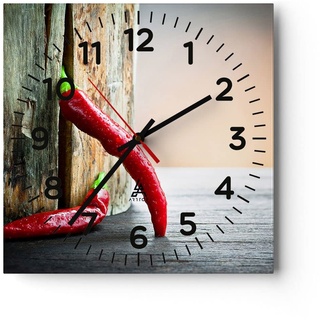 Modern Wanduhr Chili Gewürz Gemüse 30x30cm Quadrat Klein Wand Uhr Glas Analog Zimmeruhren Küche Büro Wohnzimmer Glasuhr Wall Clock Dekoration Design Wanddekoration Küchenuhr C4AC30x30-2264