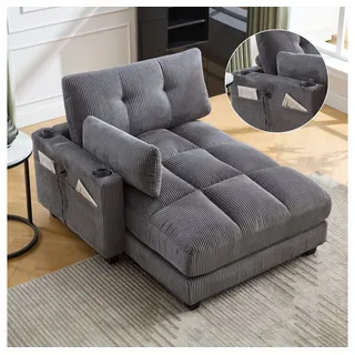 BBG Sessel Cord Sessel XXL mit USB & Type-C Anschluss, 140x112x81 cm (Loungesessel mit Getränkehalter & Seitentasche), Weicher Fernsehsessel mit Kissen, Moderner Relaxsessel grau