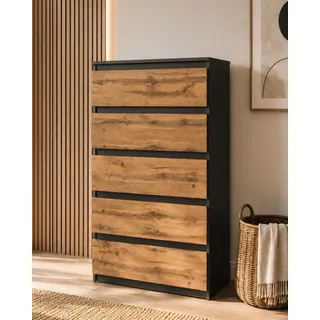 MRBLS_HOME Kommode mit 5 Schubladen - Holz Sideboard 70x115x33,5 cm (B/H/T) - Schmale Kommode für Schlafzimmer & Flur - Regal mit Schubladen - Schrank mit Schubladen (Grau Matt/Wotan)