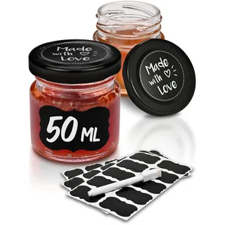 Praknu 24 Mini Gläser mit Deckel 50 ml - Kleine Gläser mit Deckel, Etiketten und Stift - Luftdichte Mini-Marmeladengläser Klein (50ml) Einmachgläser für Marmelade und Honig mit Schraubverschluss