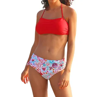 SHEKINI Damen Bikini Set Rückenfrei Bandeau Verstellbarer Neckholder Bikinioberteil Elegant Zweiteiliger Badeanzug Hohe Taille Bikinihose Bademode(Medium, Blumendruck-Rot) - M