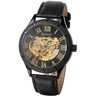JewelryWe Herrenuhr Skelett Automatikuhr mit Echtlederarmband, Automatische Mechanische Armbanduhr Herren Echtes Lederarmband Automatik Uhr mit Gold Römischen Ziffern & Leuchtzeiger