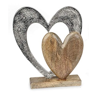 Deko Figur Herz Herzen 26 cm, Mango Holz massiv natur braun Metall Alu silber, Dekoherz Herzaufsteller Herzdeko zum Stellen