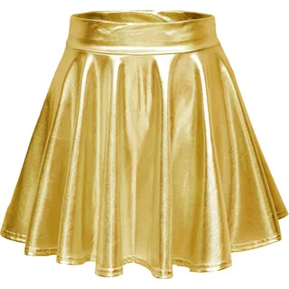 Damen Glänzend Höhe Taille Liquid Mini Rock Metallisch Elastische Taille A-Linien Pull On Skater Röcke (L, Gold) - L