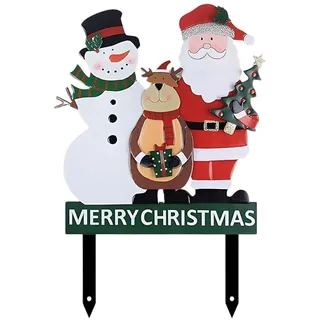 KiBcsLic Yard Stake Weihnachtsdeko Gartenstecker Weihnachtsmann Schneemann Rentier Aus Eisen Wetterfest mit Fröhlichem Schriftzug für Außenbereich Balkon Laden