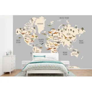 MuchoWow Fototapete Weltkarte - Kinderzimmer - Dinosaurier - Jungen - Mädchen - Kinder, Matt, bedruckt, Wallpaper für Wohnzimmer, Schlafzimmer, Vinyl Tapete, 450x300 cm bunt 4.5 m x 3 m