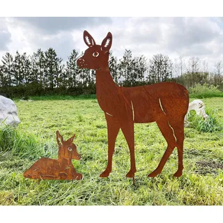 2er Set großes stehendes REH 105x82cm mit Rehkitz 45x53cm XL Gartenstecker Edelrost Gartendeko Rost Metall Rostfigur Hirsch Kitz von Steinfigurenwelt